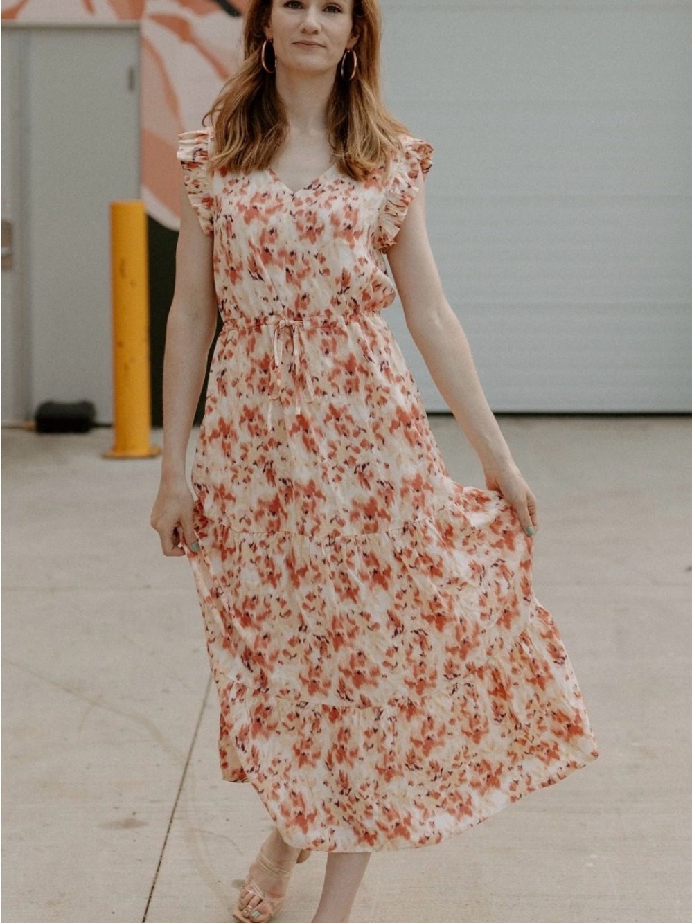 Flutter-Sleeve Floral Maxi Dress in Peach